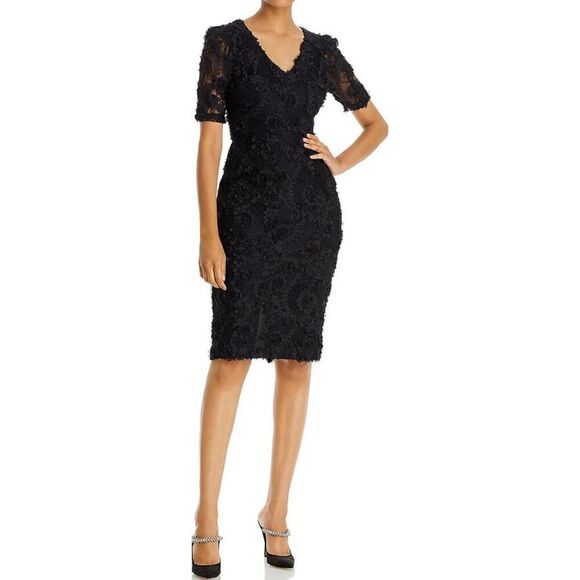 AQUA Formal Dress Size 2 Black Lace Knee Length Cocktail Party Short Sleeve NWT - Picture 1 of 12